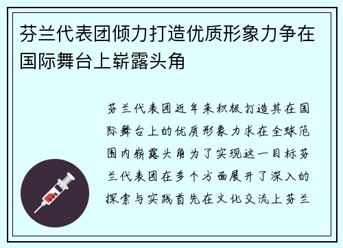 芬兰代表团倾力打造优质形象力争在国际舞台上崭露头角