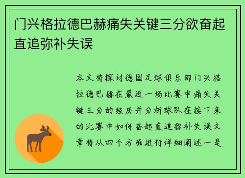 门兴格拉德巴赫痛失关键三分欲奋起直追弥补失误