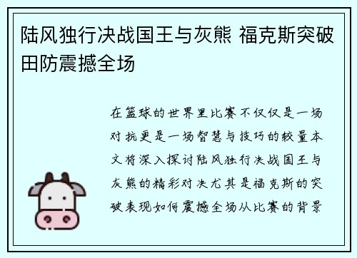 陆风独行决战国王与灰熊 福克斯突破田防震撼全场