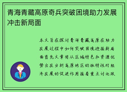 青海青藏高原奇兵突破困境助力发展冲击新局面