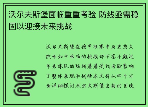 沃尔夫斯堡面临重重考验 防线亟需稳固以迎接未来挑战