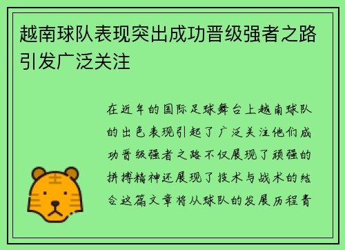 越南球队表现突出成功晋级强者之路引发广泛关注