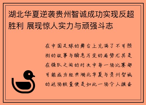 湖北华夏逆袭贵州智诚成功实现反超胜利 展现惊人实力与顽强斗志