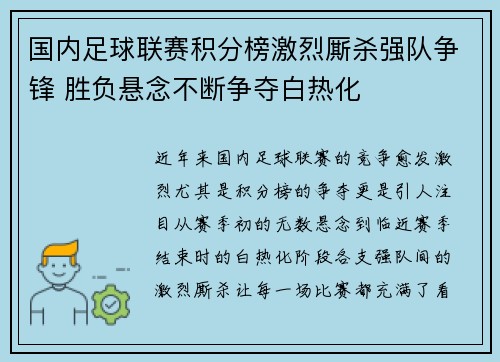 国内足球联赛积分榜激烈厮杀强队争锋 胜负悬念不断争夺白热化