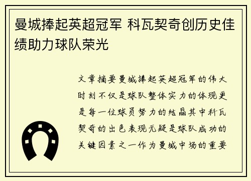 曼城捧起英超冠军 科瓦契奇创历史佳绩助力球队荣光