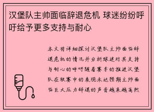 汉堡队主帅面临辞退危机 球迷纷纷呼吁给予更多支持与耐心