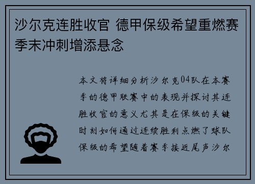 沙尔克连胜收官 德甲保级希望重燃赛季末冲刺增添悬念