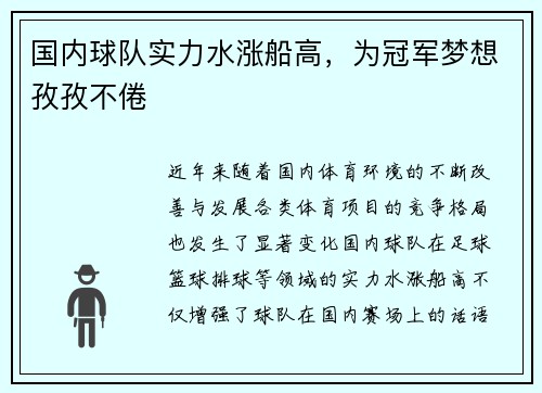 国内球队实力水涨船高，为冠军梦想孜孜不倦