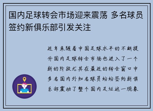国内足球转会市场迎来震荡 多名球员签约新俱乐部引发关注